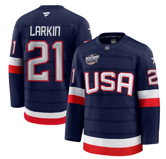 Men's USA #21 Dylan Larkin Navy 2025 4 Nations Face-Off Stitched Jersey Men's USA #21 Dylan Larkin Navy 2025 4 Nations Face-Off Stitched Jersey
